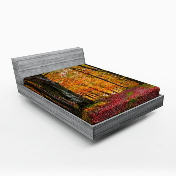 Autumn Fitted Sheet, Fall Forest Shady Deciduous Trees and Faded Leaf Magic Woodland Picture, Soft Decorative Fabric Bedding, Full Size, Apricot Brown Red, by Ambesonne