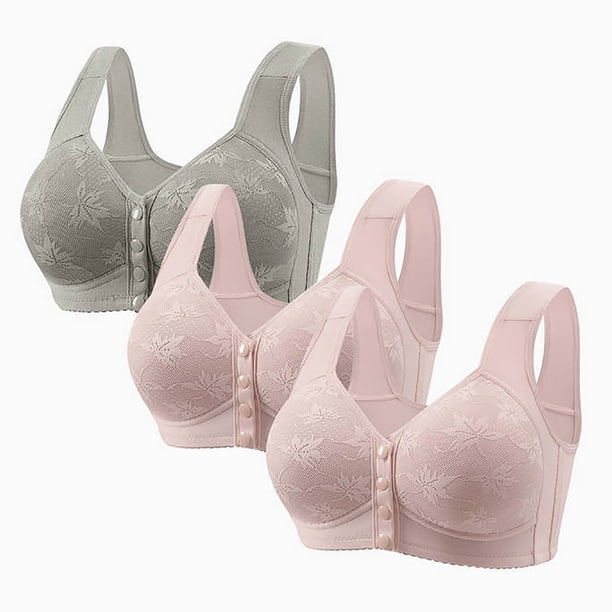 Karight 3 Pack Bras for Older Women Front Closure No Underwire Push up Bralettes Soft Floral Print Sleep Everyday Bra