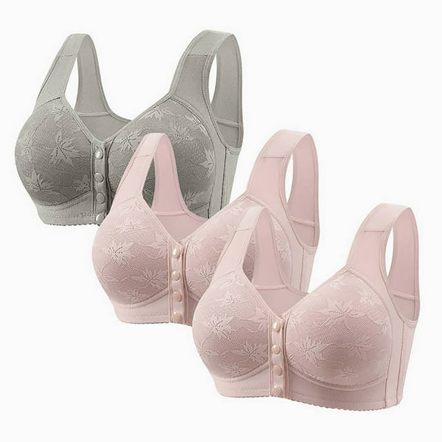 Tumotour 3PC Front Closure Bra for Women Wireless Wide Shoulder Straps Bra Breathable Full Coverage Front Button Bras Seamless Soft Convenient Push Up Snap Closing Bra for Everyday Work Life Walking