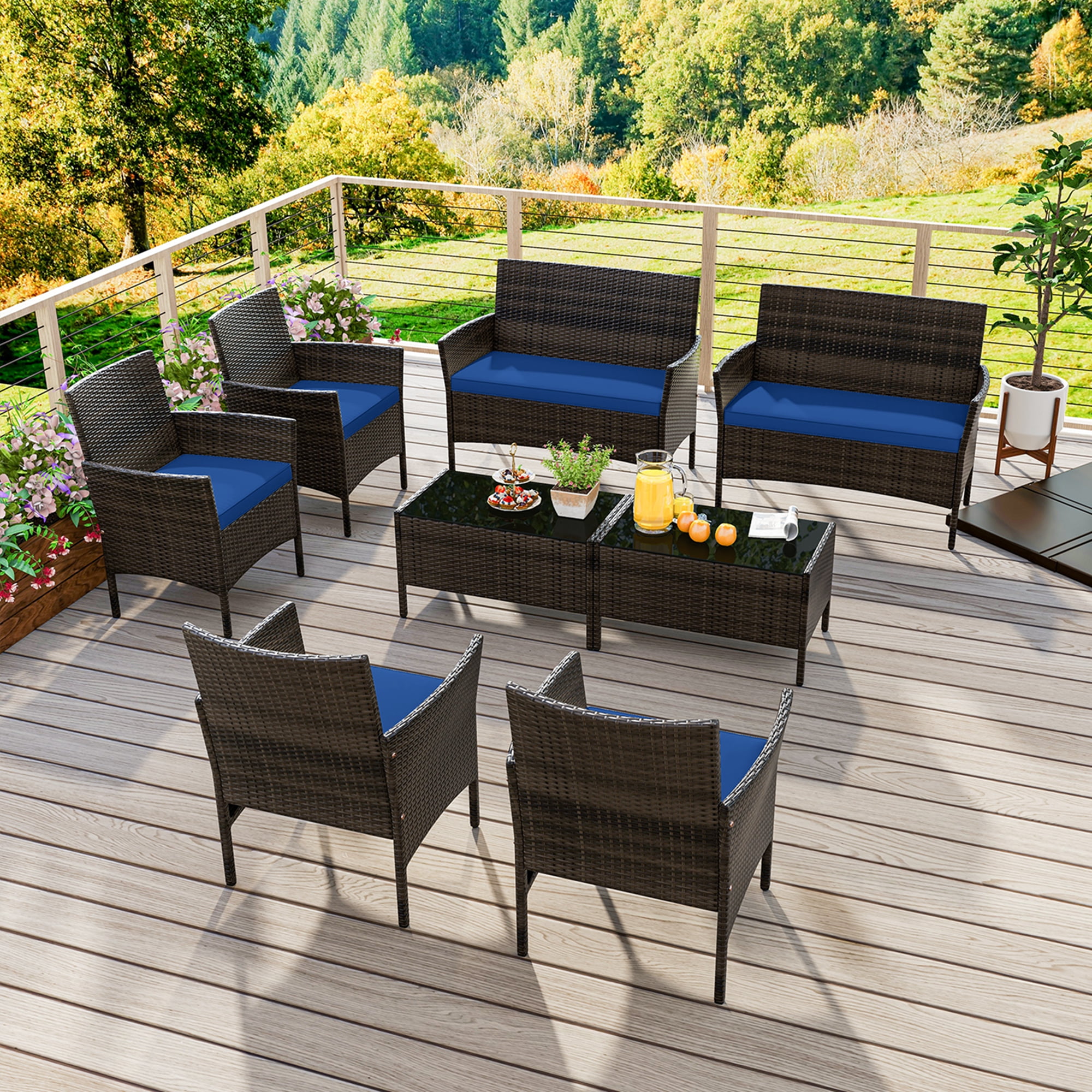 Costway 8 PCS Patio Furniture Set with Washable Cushions and Tempered Glass Coffee Table Navy