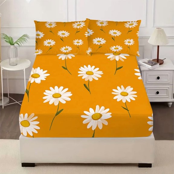 3-Piece Daisies on Yellow Print Bed Sheet Set - Ultra Soft Fitted Sheet & Pillowcases, Bedding for Kids, Teens & Adults