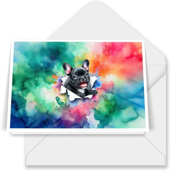 Funny Watercolor Adorable French Bulldog Peeking Through Torn Paper Effect 7x5in Folded Greeting Card Dog Lover Gifts Single Note Card with Envelope - 00026