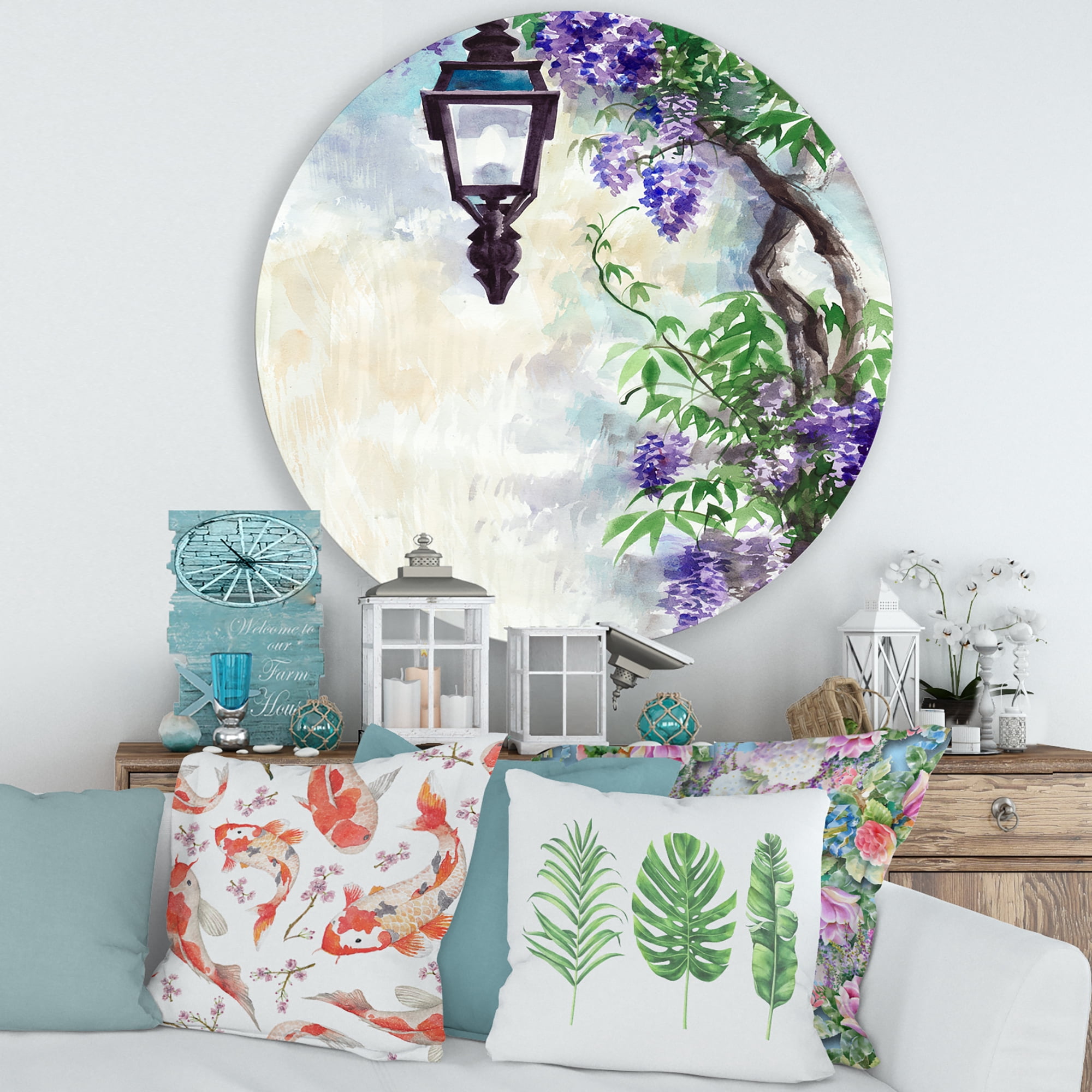 Designart 'Lilac Tree Lantern Vintage Impression' Traditional Circle Metal Wall Art 36x36 - Disc of 36