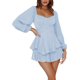 thumbnail image 3 of Vestido con volantes y hombros descubiertos, mameluco con cuello cuadrado y mangas abullonadas para mujer, vestido con vuelo de playa fluido en capas ahumadas, 3 of 5
