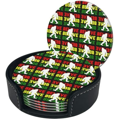 

Round Coaster Set of 6 with Holder Believe-Bigf-Oot-Xmas-Gift Leather Coasters for Drinks