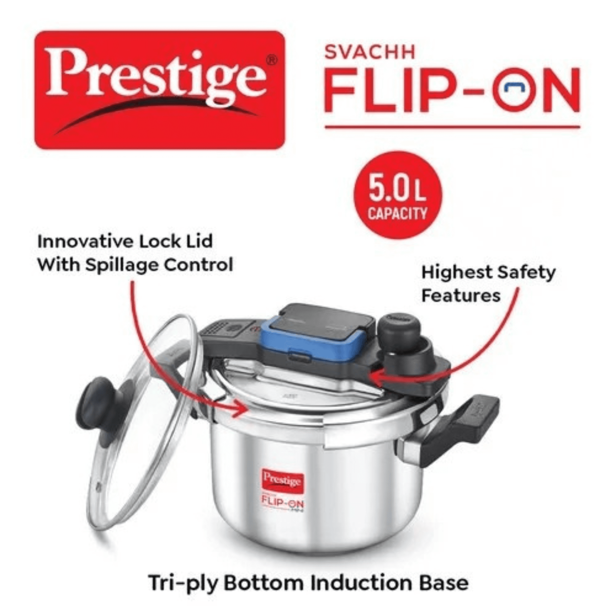 Prestige Svachh Flip-on Stainless Steel Pressure Cooker with Glass Lid, 5L, Silver