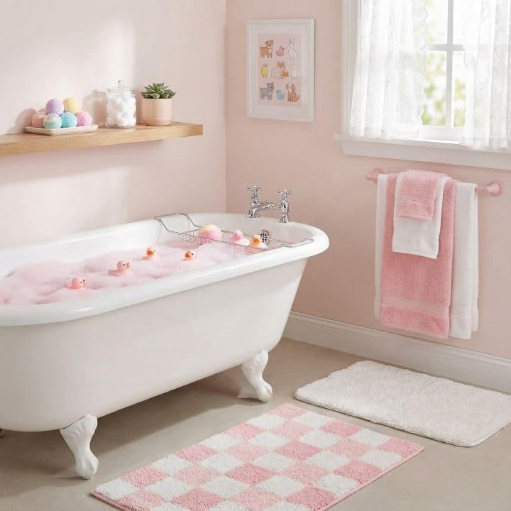 GRANNY SAYS Bathroom Rug, Checkered Bath Mat, Microfiber Non Slip Washable Shower Mat, 32" x 20", Pink