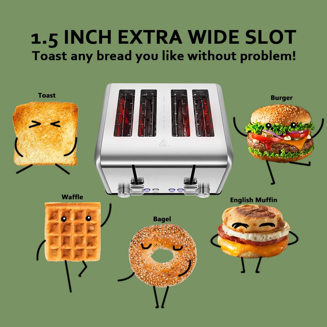 Stainless Steel CUSIMAX 4-Slice Toaster: Extra-Wide Slots, Ultra-Clear LED Display & 6 Shade Settings (Dual Control Panels + Cancel/Bagel/Defrost + Removable Trays)