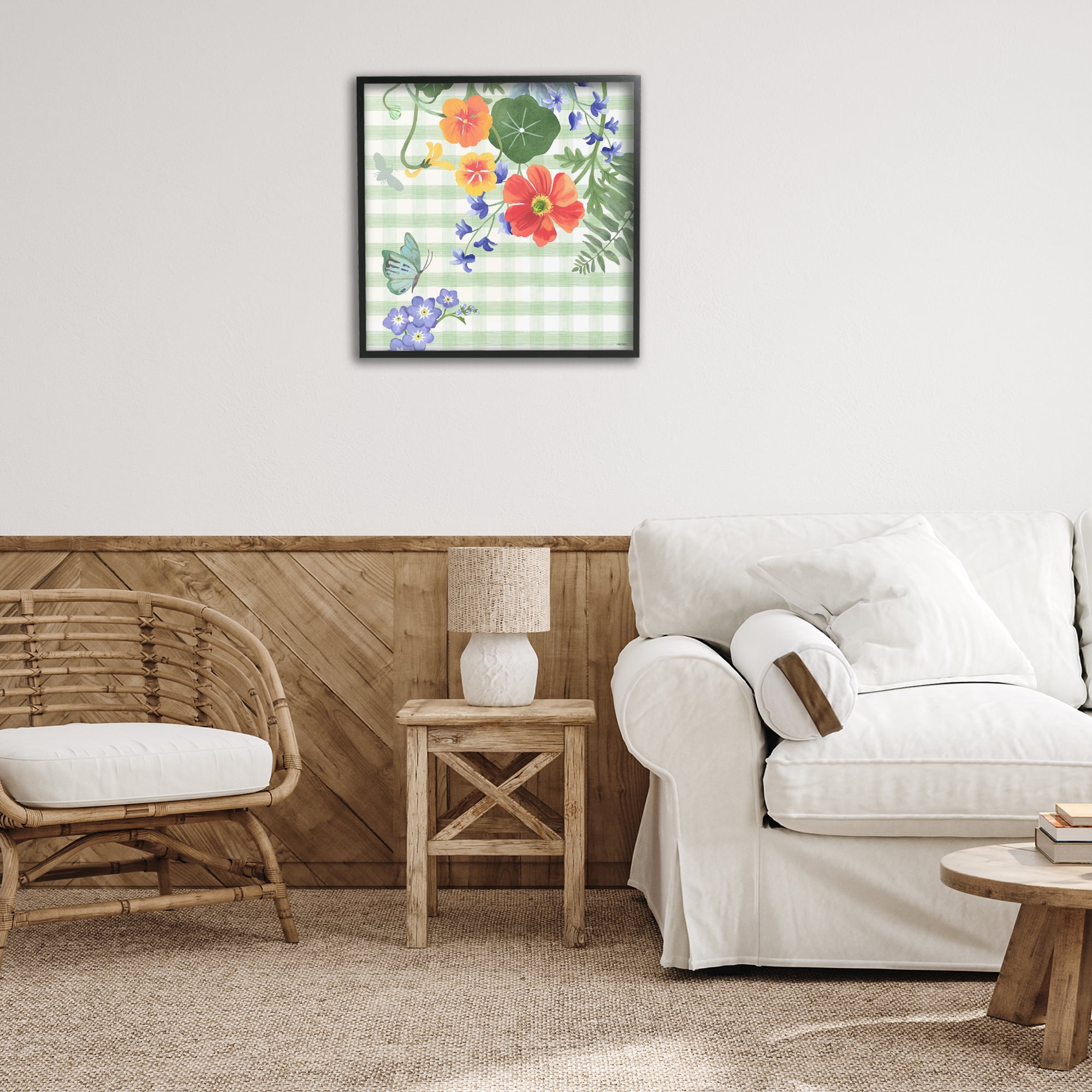 Stupell Industries Green Gingham & Poppies Botanical & Floral Painting Black Framed Art Print Wall Art, 24 x 24