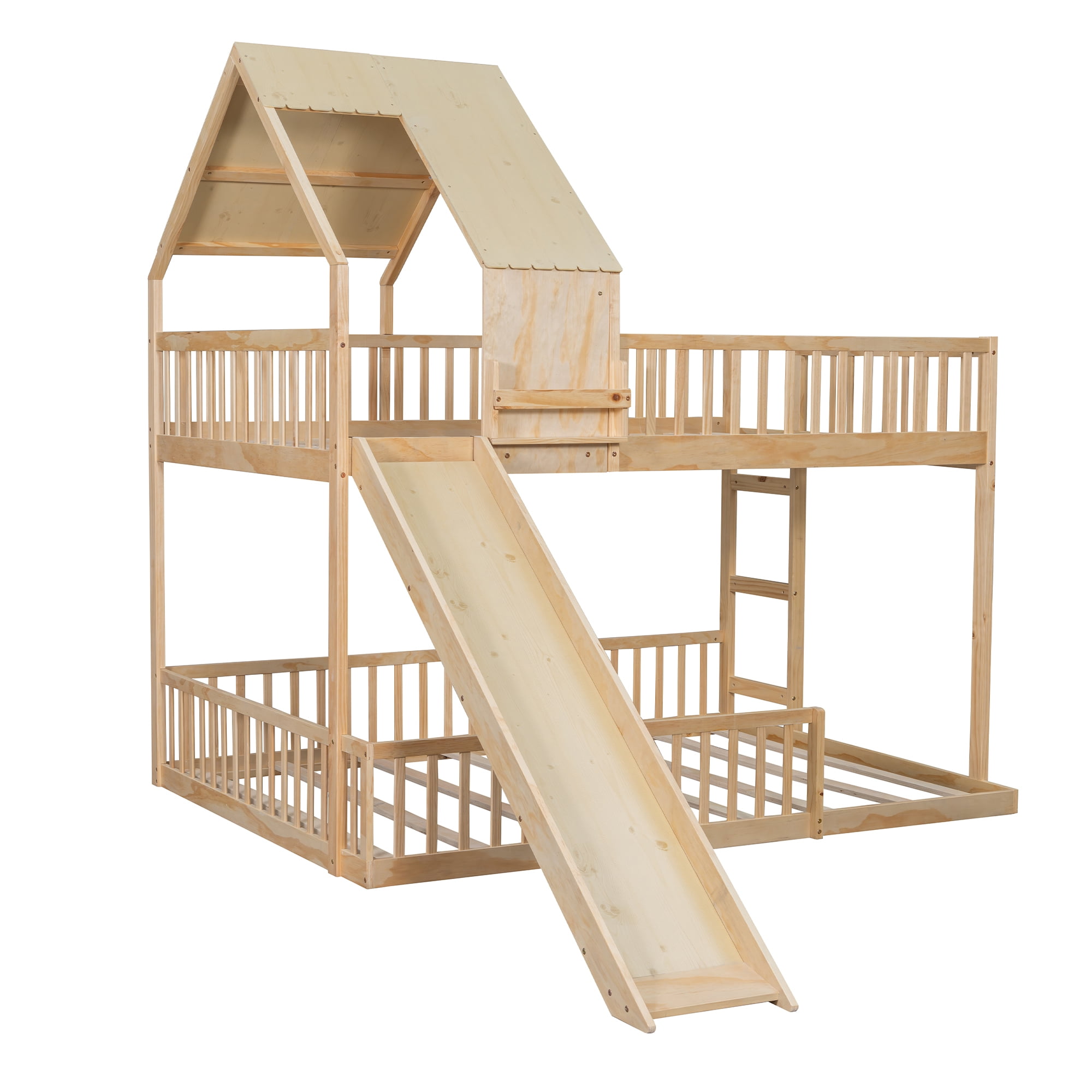 Euroco Wood Full XL over Queen Size Bunk Bed with Slide, Natural