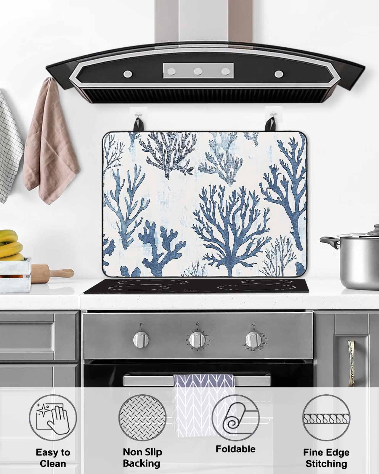 nqOlkjepod Large Induction Cooktop Protector Mat 24"x21", Blue Grey Coral Stove Top Covers for Electric Stove, Coastal Watercolor Ocean Decorative Stove Burner Cover Mats, Glass Top Stove Cover
