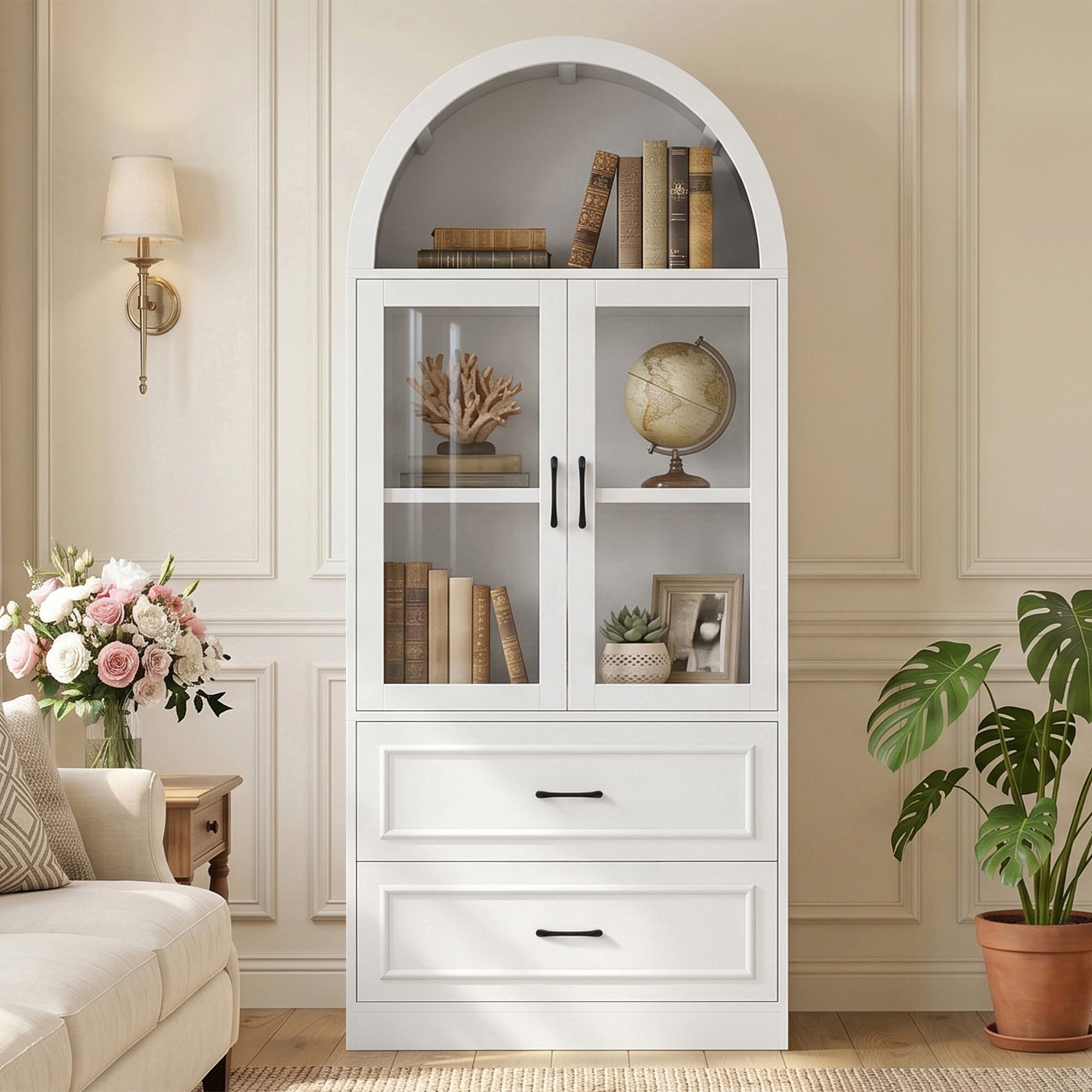 Arched Top Storage Cabinet with Tempered Glass Doors, Fixed 2-Tier Shelves, 2 Large Drawers, Soft Close Hinges & Exquisite Metal Handles, White