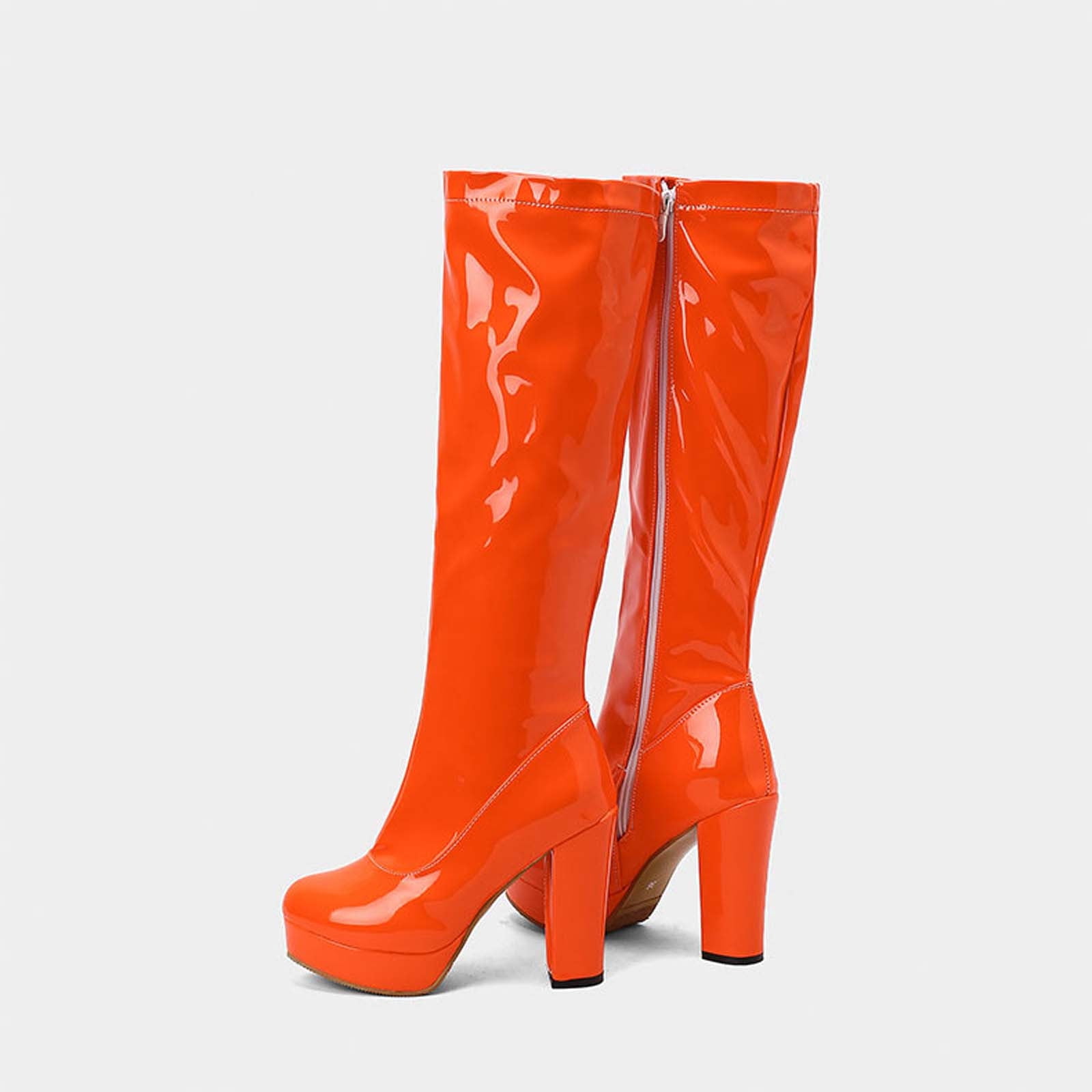 Teacher Appreciation Gifts POROPL Women's Knee High Boots Winter Lace-Up High Heel Faux Leather Knee High Chunky Boots for Lady Orange Size 40(US:7)