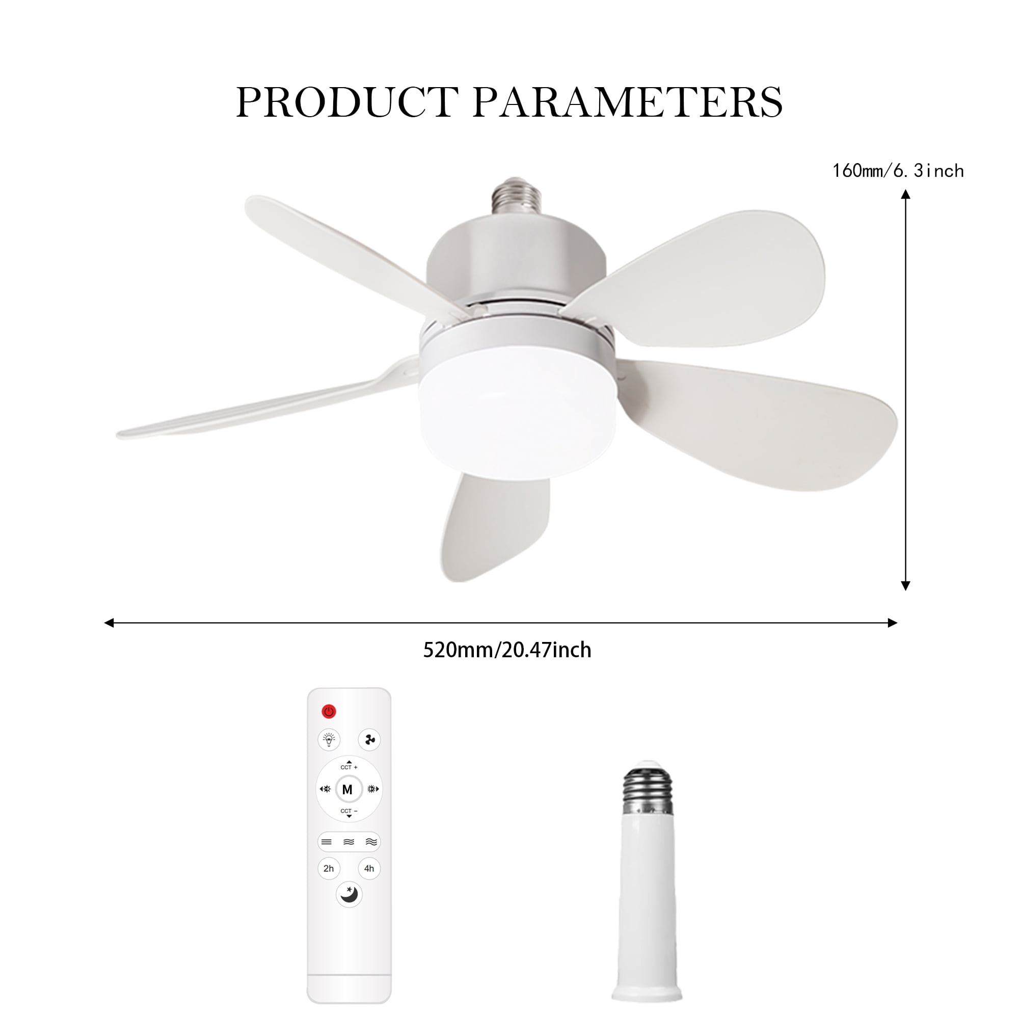 Ceiling Fan with Light, 20.5” Socket Fan Light with Remote,5 Blades E27 Base LED Bulb Dimmable for Bedroom Kitchen Garage,White