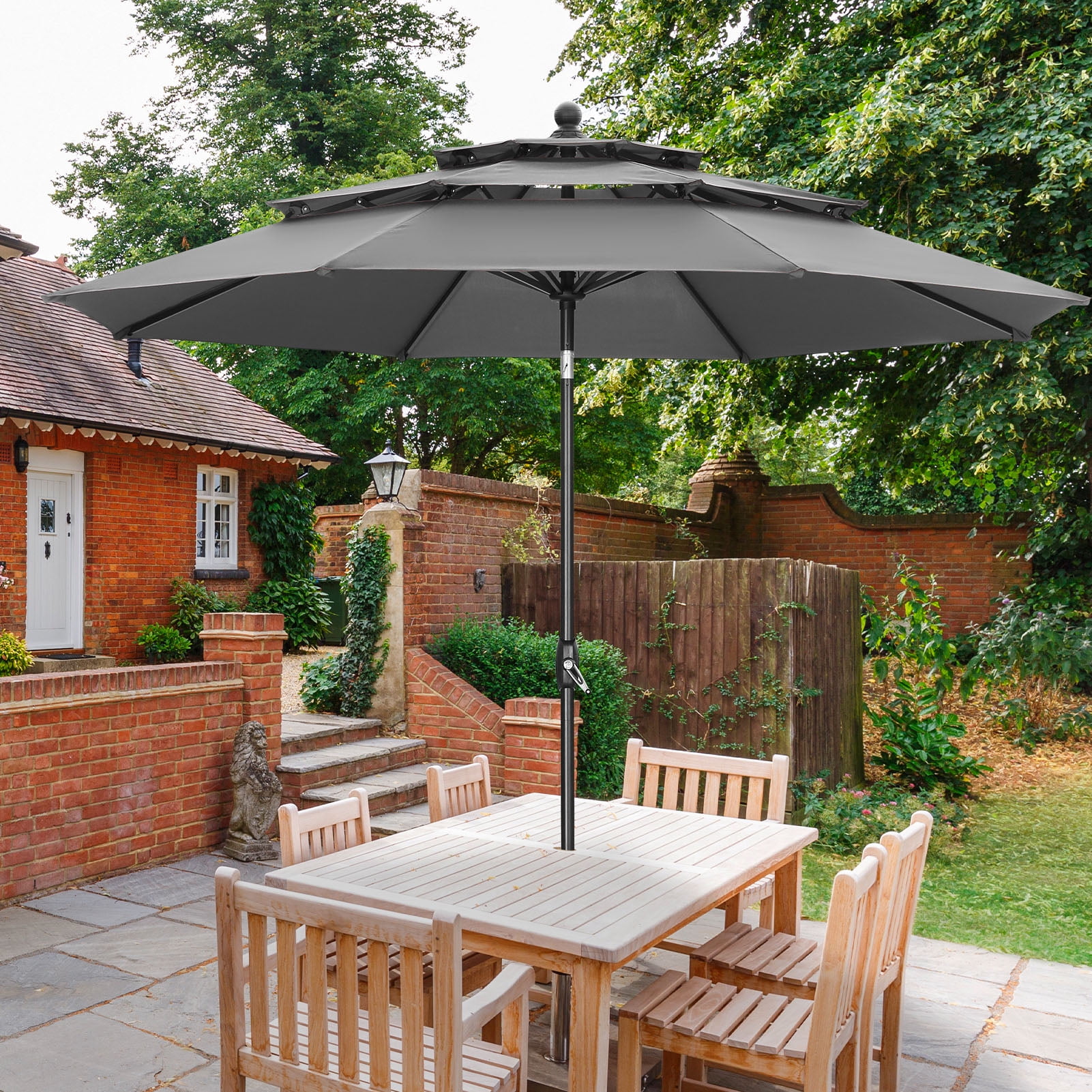 Ainfox 10ft Patio Umbrella 3 Tiers,Outdoor Table Market Umbrella w/Tilt Adjustment and Crank for Garden,Deck,Beach,Backyard,Pool,Grey