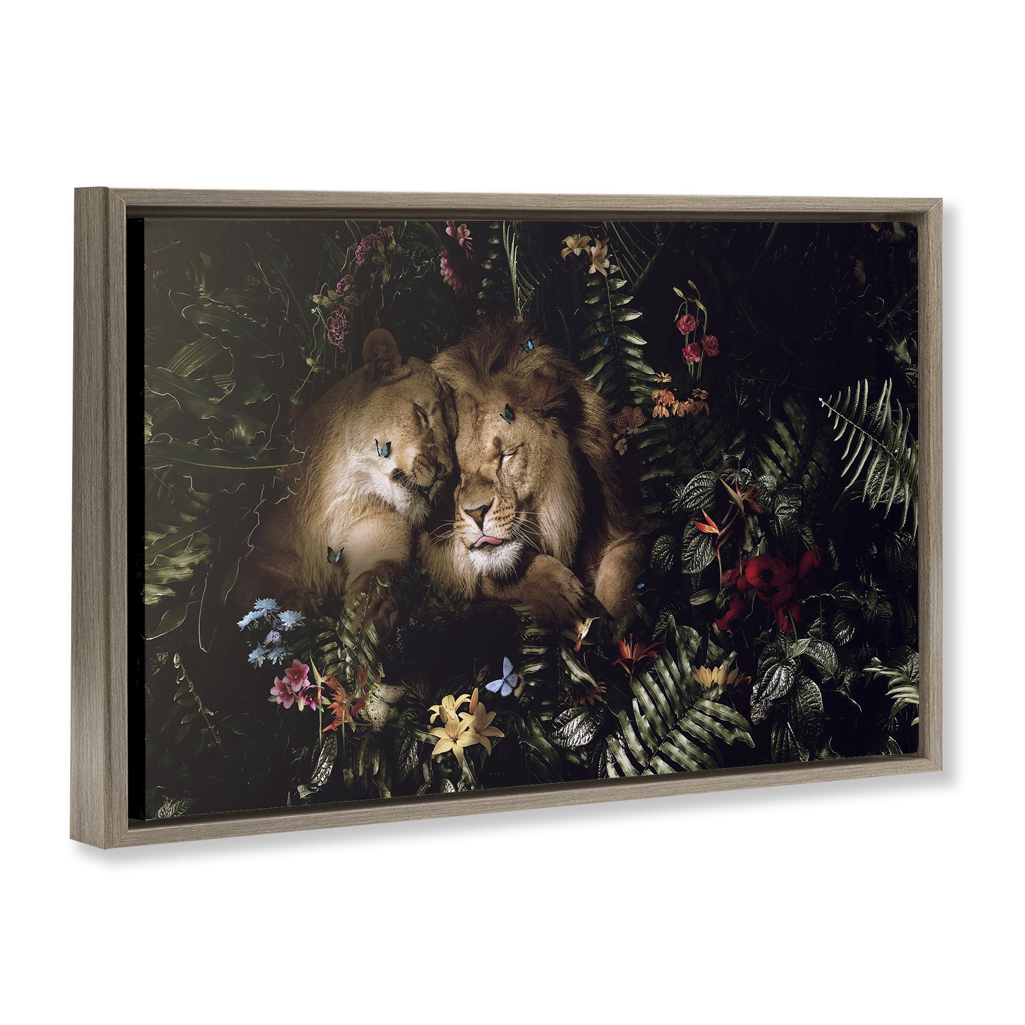 Stupell Industries Cuddling Lions Among Leaves Plants & Flowers Painting Brown Floater Framed Canvas Art Print Wall Art, 31 x 21