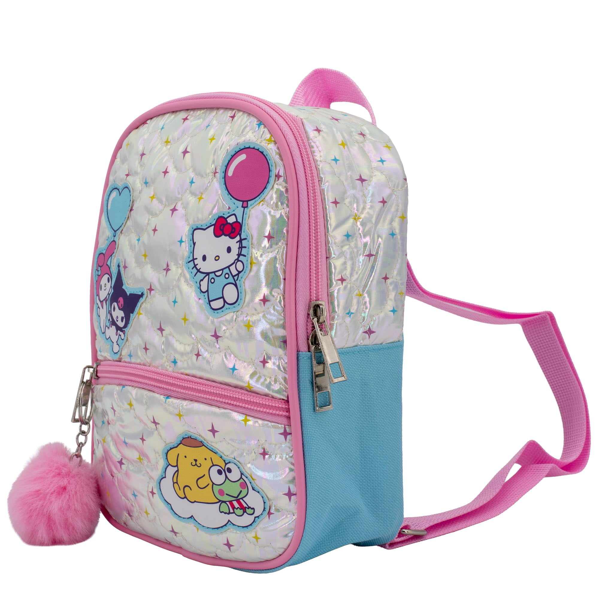 Hello Kitty & Friends 9” Micro Mini Backpack Purse Featuring Sanrio Character Patches, Quilting & Pompom Dangle, Iridescent