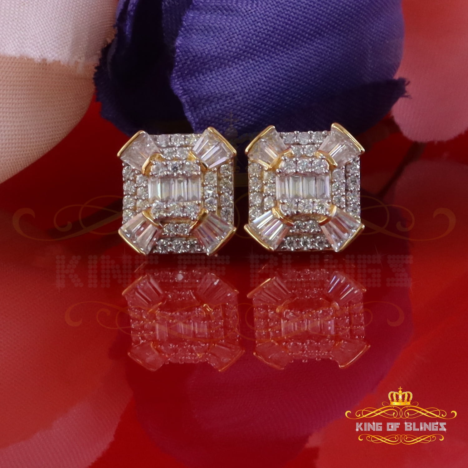 King of Bling's 925 Yellow Silver 1.25ct VVS 'D' Moissanite Rectangle Stud Earring Men's/Womens