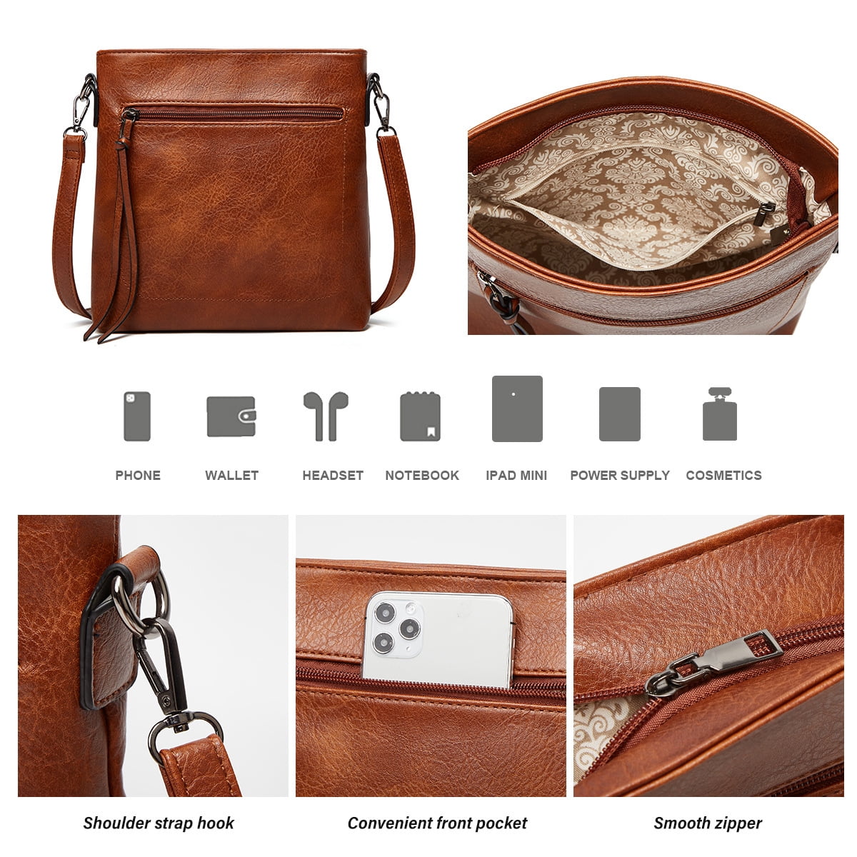 Sendfen Women's Leather Hobo Bag with Wristlets Crossbody bag, Brown, 3-Piece