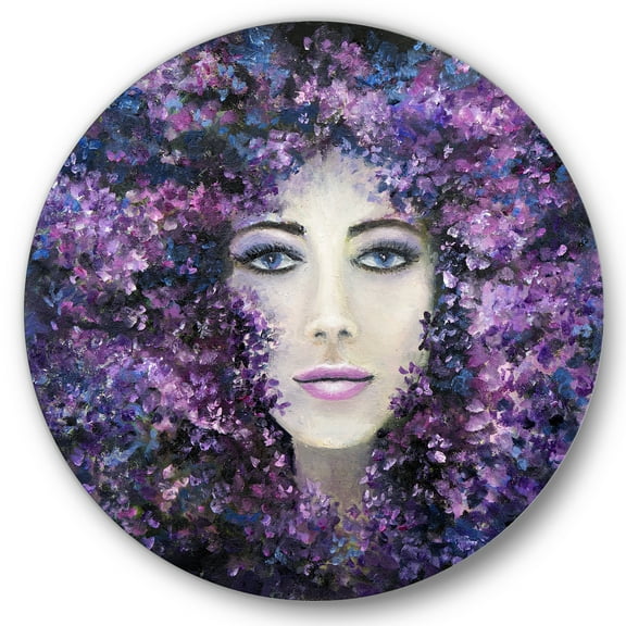 Designart 'Portrait of A Lady With Purple Lavender Flowers' Modern Circle Metal Wall Art 36x36 - Disc of 36