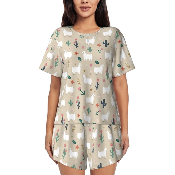 Fotbe Cute Alpaca Conjunto de Pijama Estampado para Mujer, 2 Piezas, Ropa de Dormir con Camiseta de Manga Corta y Shorts Suaves-4X-Large