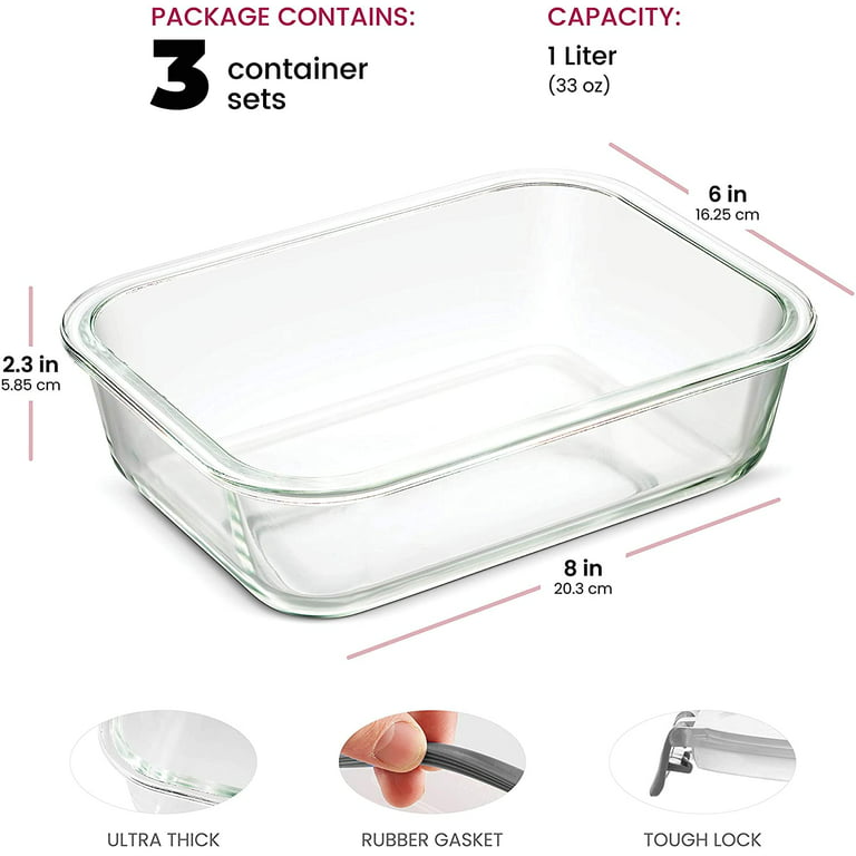 Glass Meal Prep Containers - 3-Pack (35oz) 100% Leak Proof Glass Food Storage Containers, Newly Innovated Hinged BPA-Free Locking Lids - Great On-The