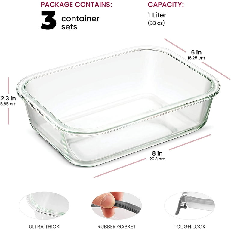 Superior Glass Meal Prep Containers - 3-Pack (35oz) Ly Innovated Hinged BPA-Free Locking Lids - 100% Leak Proof Glass Food Storage Containers, Great
