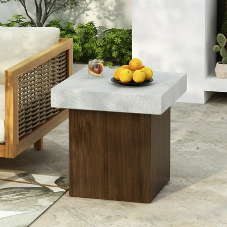 Ashmore Outdoor Patio Square Side Table, MGO, Antique White + Natural Wood Finish