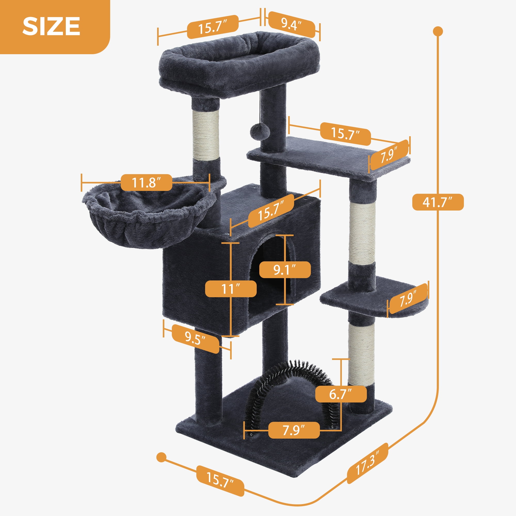 PAWZ Road 42" Cat Tree Condo With Large Perch Scratching Posts for Indoor Cats, Dark Gray