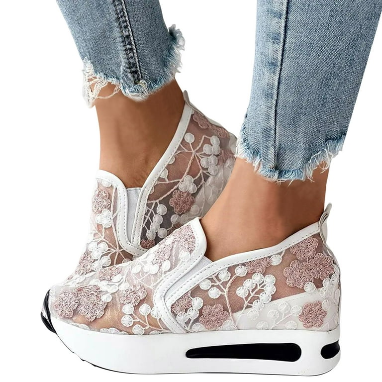 Floral Embroidery Breathable Sheer Mesh Sneakers,Embroidery Floral Mesh  Lace Chunky Sole Hidden High Heels,Wedge Heel Platform Sneakers for Women