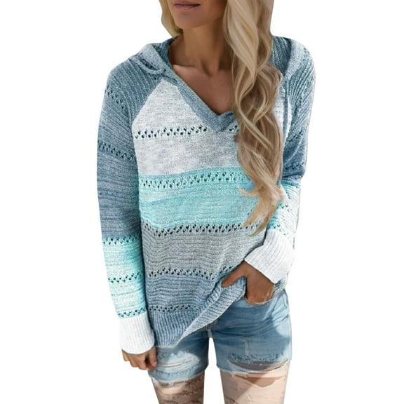 felwors Fashion Casual Sweater Patchwork Blouse Tops Long Sleeves Women V Neck Hooded Women's Blouse Sky Blue, XXXXL