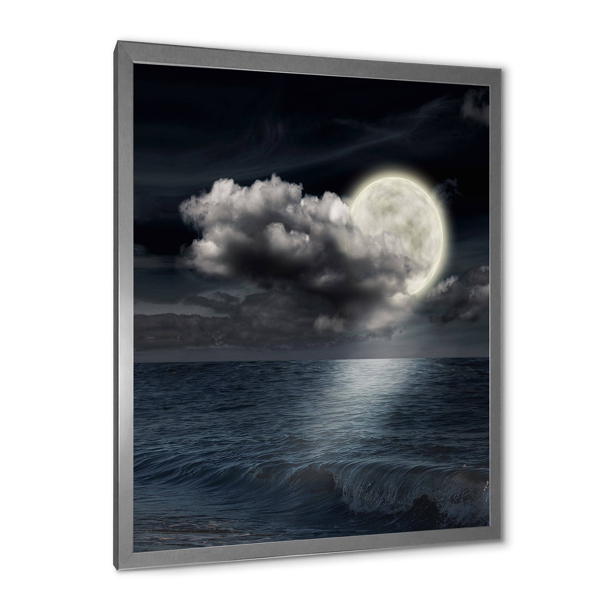 Designart 'Full Moon Night in Cloudy Sky VI' Nautical & Coastal Framed Art Print