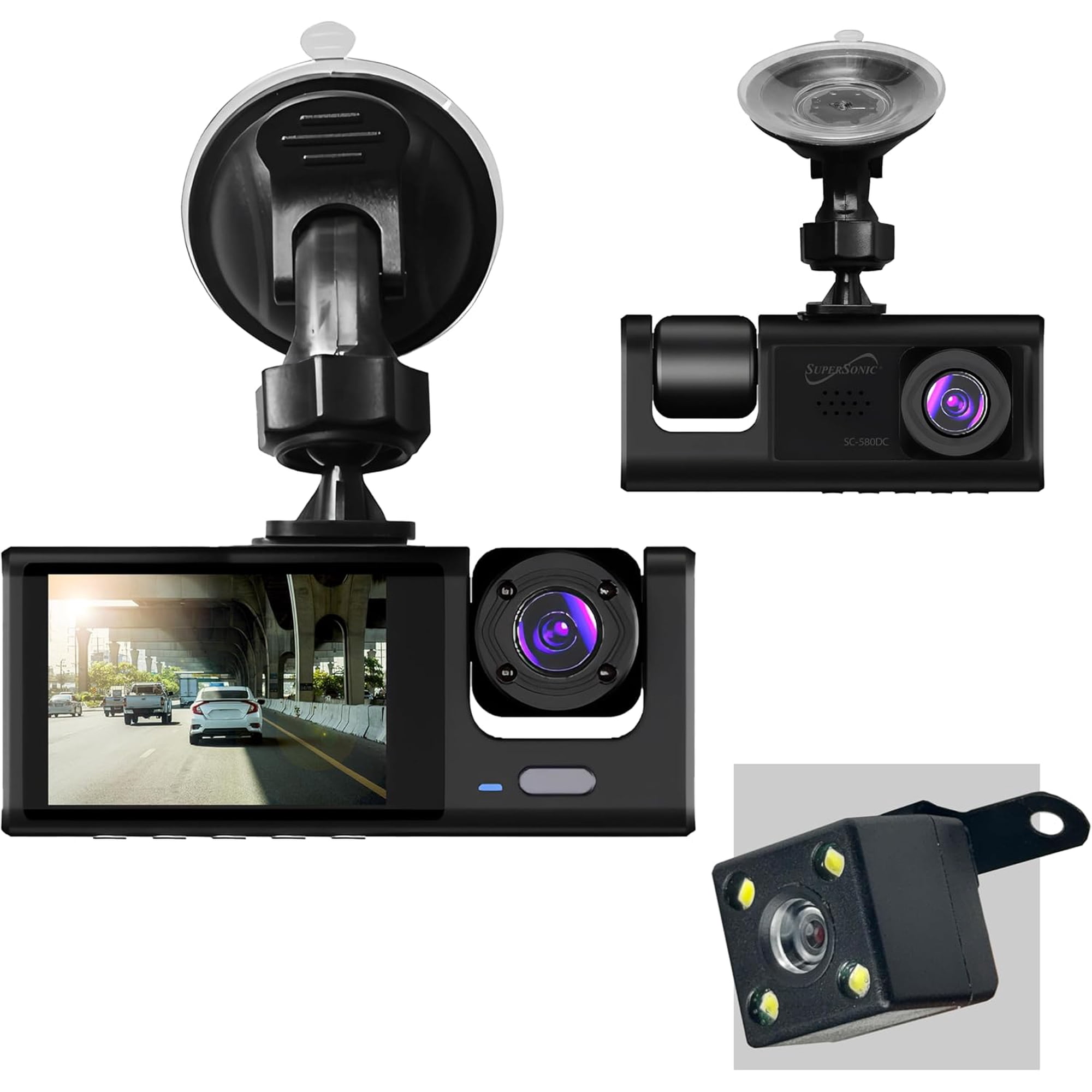 Supersonic Roadeyepro HD Dash Cam, FHD 1080p Front, Cabin and Rear Cameras, Night Vision, G-Sensor, GPS, Loop Recording, 32GB SD Card, SC-580DC