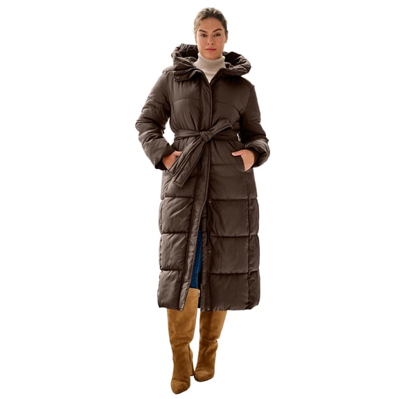 Ellos Plus Size Long Belted Puffer With Hood