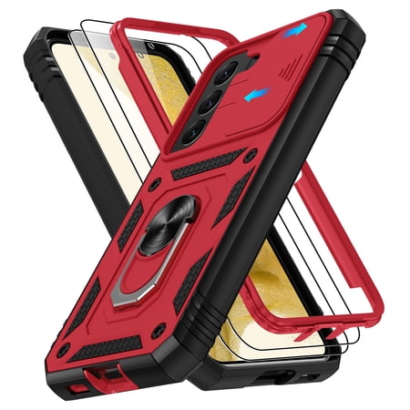 Jshru for Samsung Galaxy S22 Case with Slide Camera Cover | 2Pcs Screen Protector, 360°Rotation Ring Kickstand Drop Protector Cover for Galaxy S22, Red