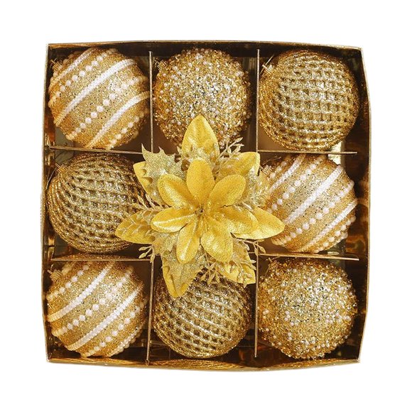 Gold Christmas Tree Decorations Set 9 Pcs Hanging Ball Ornaments With Flower Holiday Window Ceiling Decor Plastic Shiny Glitter Decorations 9.45X9.45X3.15 Inch