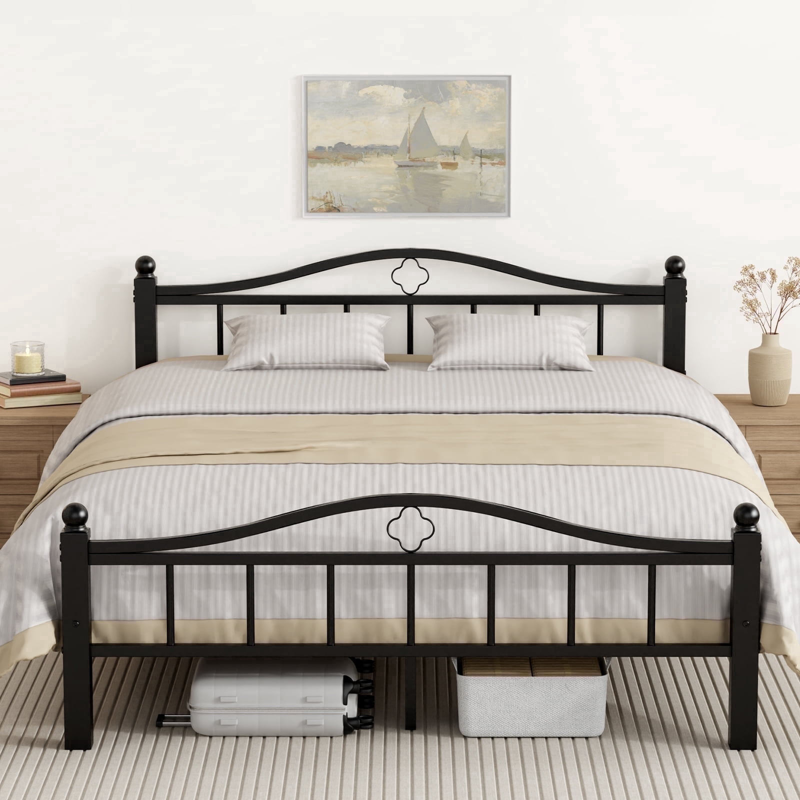 Queen Bed Frame with Headboard , No Squeak Heavy-Duty Queen Size Bed Frame 1500lbs Support & 12" Clearance Storage Tool-Free Setup in 30 Mins for Studios, Dorms, Frequent Movers