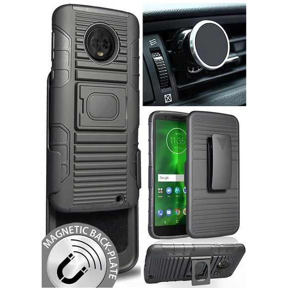 Case/Mount/Clip for Moto G6 Plus, Nakedcellphone Black Ring Grip Case Cover + Belt Clip Holster Stand + Magnetic Car Mount for Motorola Moto G6 Plus (XT1926) G6+