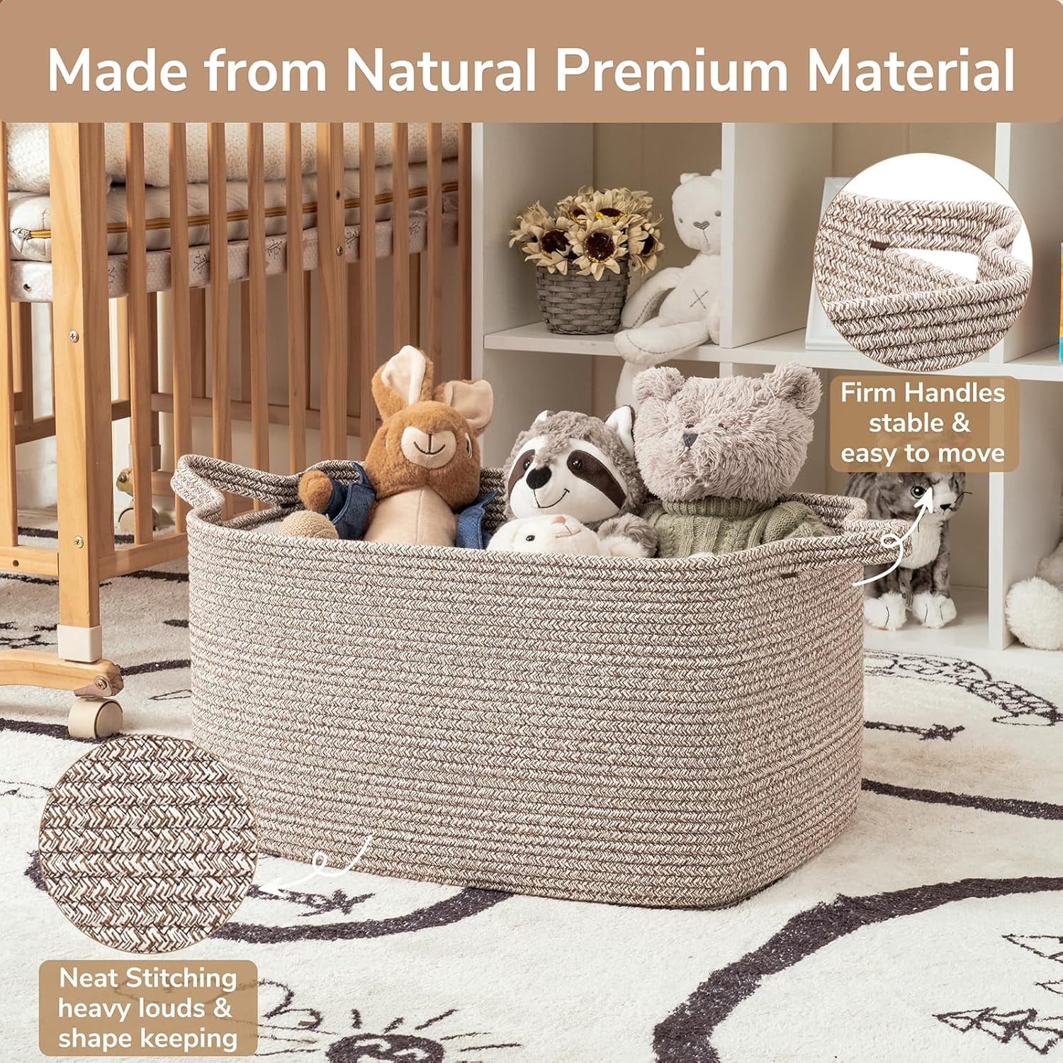 PrimeCook Shop Large Woven Storage Basket, 21.6" x 14.9" x 11.8" Blanket Basket for Living Room, Bedroom, Rectangle Rope Storage Organizer for Clothes, Toys, Brown