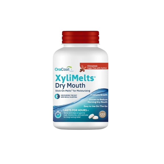 OraCoat® XyliMelts Dry Mouth Stick-on™ Melts Cinnamon with Xylitol, for Dry Mouth, Stimulates Saliva, Non-Acidic, Day and Night Use, Time Release for up to 8 Hours, 215 Count