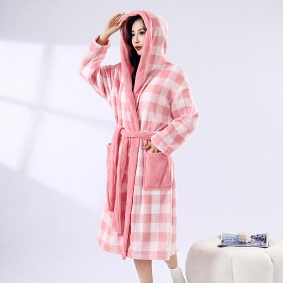 ClodeEU Plaid Plush Robes for Women,Long Fleece Fuzzy Bathrobe,Warm Soft Fluffy Bathrobes Pink,Womens Plus Free Size