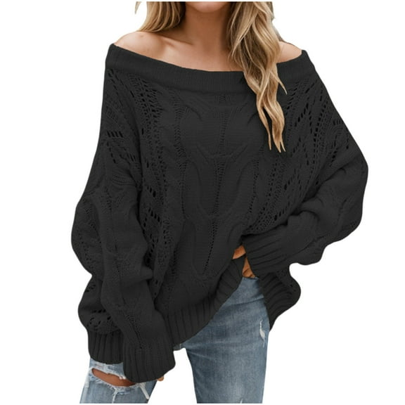 YUGYXL Womens Oversized Sweater Off The Shoulder Pullover Sweaters Fashion Fall Outfits Cable Knit Chunky Tops Black M
