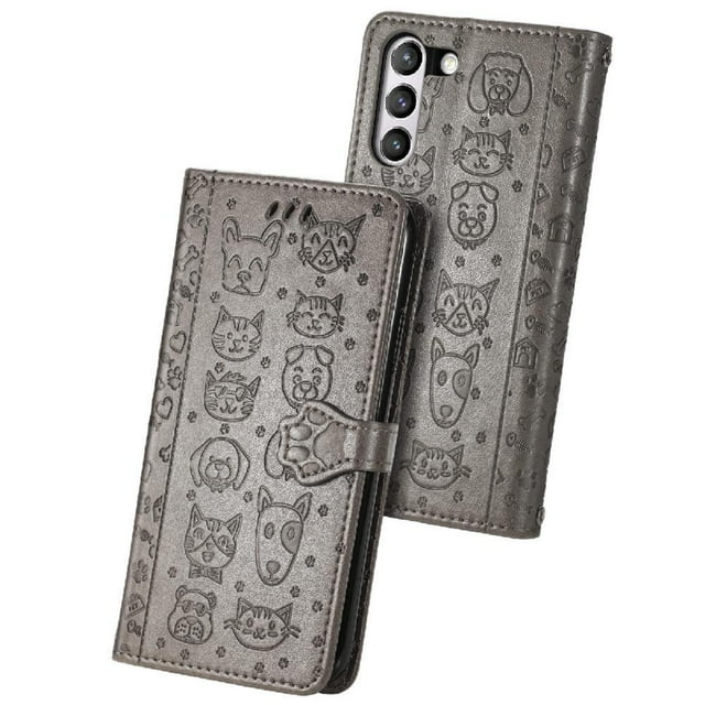 Funda Cartera FOXDOCK para Samsung Galaxy S21FE , Flip PU con Relieve de Gatos y Perros, Tarjetero y Soporte