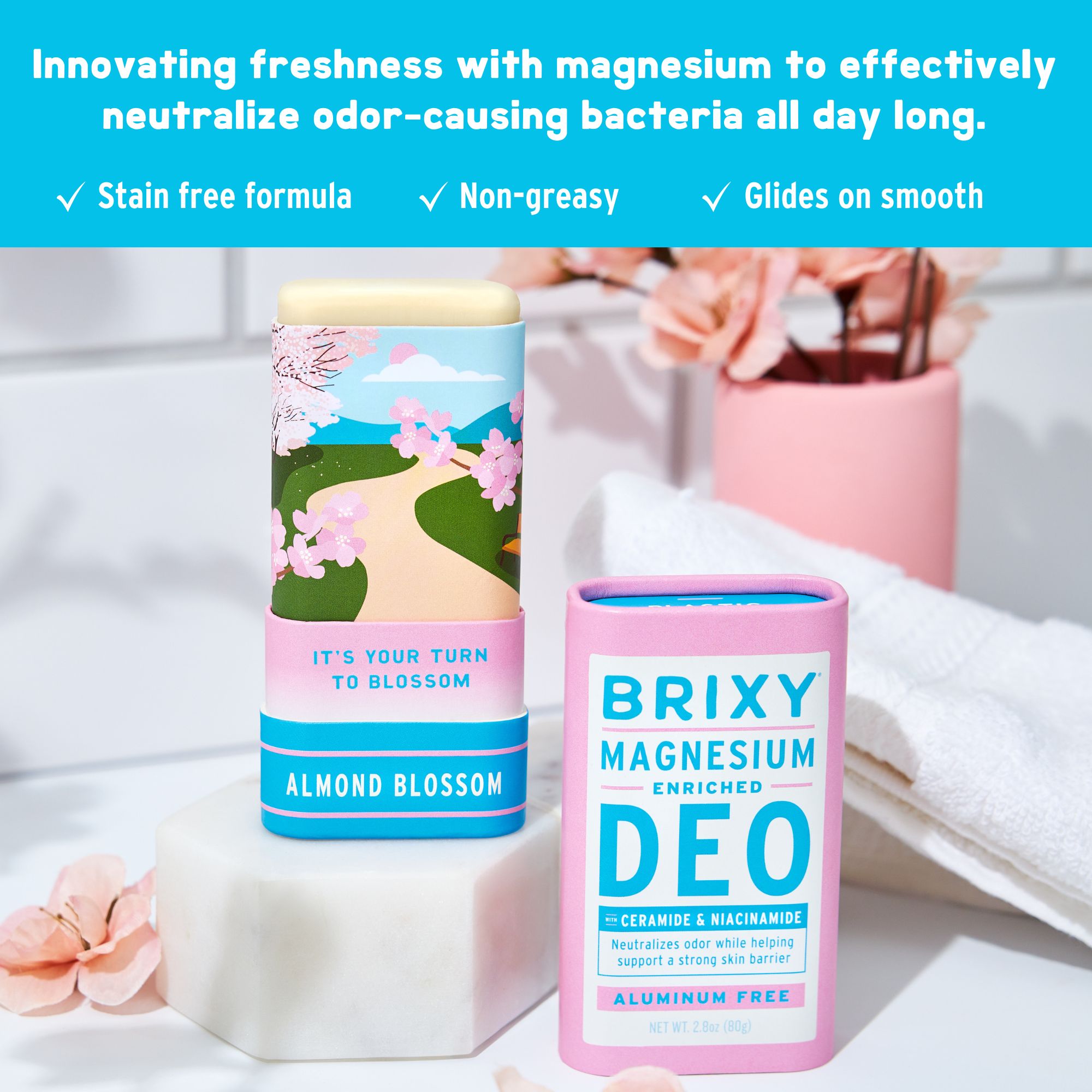 BRIXY Magnesium Deodorant, Odor Control With Ceramide & Niacinamide For Skin Health, Aluminum Free, Baking Soda Free, EWG VERIFIED, Sensitive Skin Deodorant, Vegan, Plastic Free, Light Scent (2 Pack)