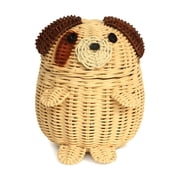 Dog Rattan Storage Basket with Lid Decorative Home Decor Hand Woven Shelf Organizer Cute Handmade Handcrafted Gift Art Decoration Artwork Wicker Puppy