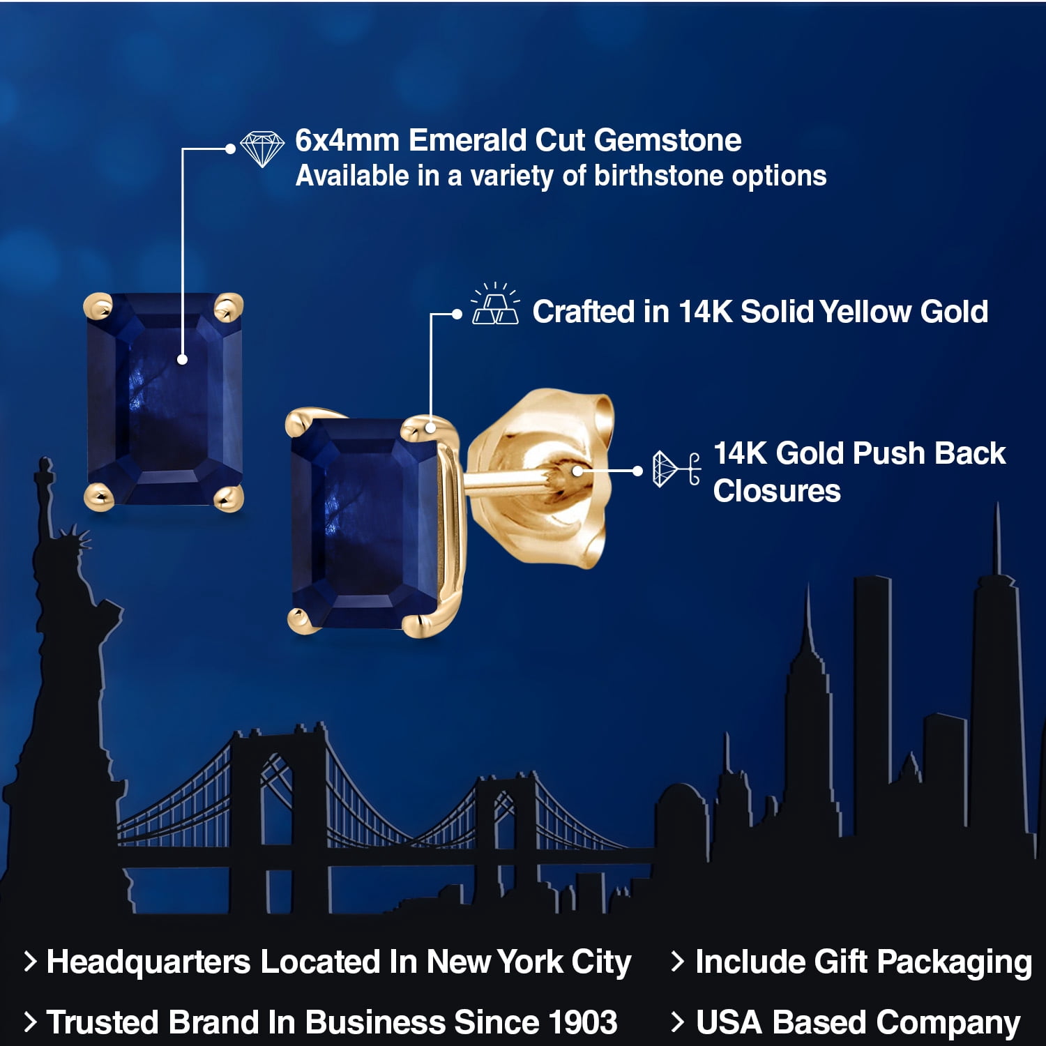 Gem Stone King 14K Yellow Gold Blue Sapphire Stud Basket Setting Earrings for Women Men | 1.23 Cttw | Gemstone September Birthstone | Octagon 6X4MM | Double Notch | Gold Earrings for Women Men