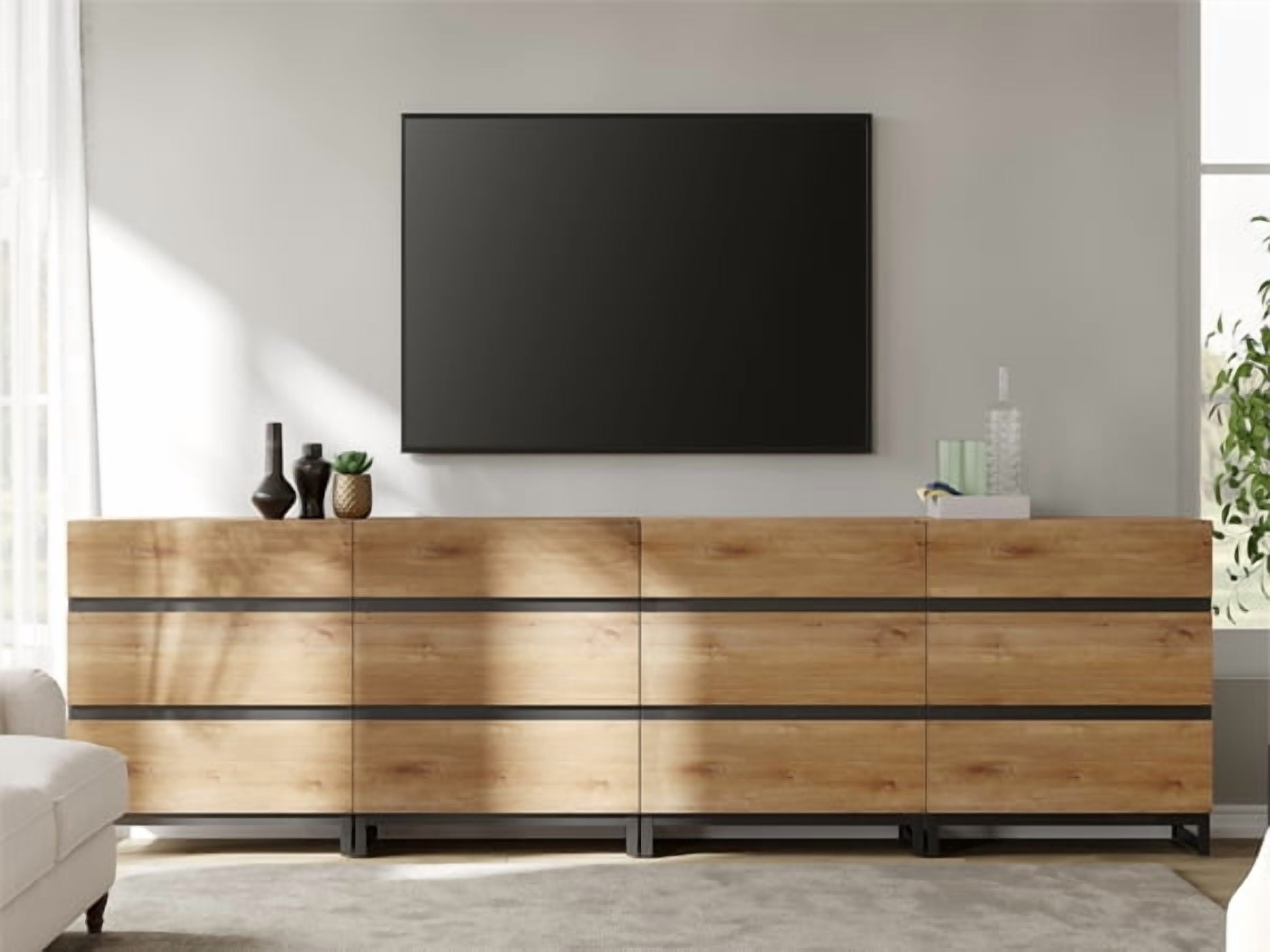 WAMPAT Modern TV Stand with 3 Tiers Bookshelf, Farmhouse Entertainment Center with 12 Drawers and Adjustable Shelf, Wooden Media TV Console with Black Metal Leg for Living Room, Oak