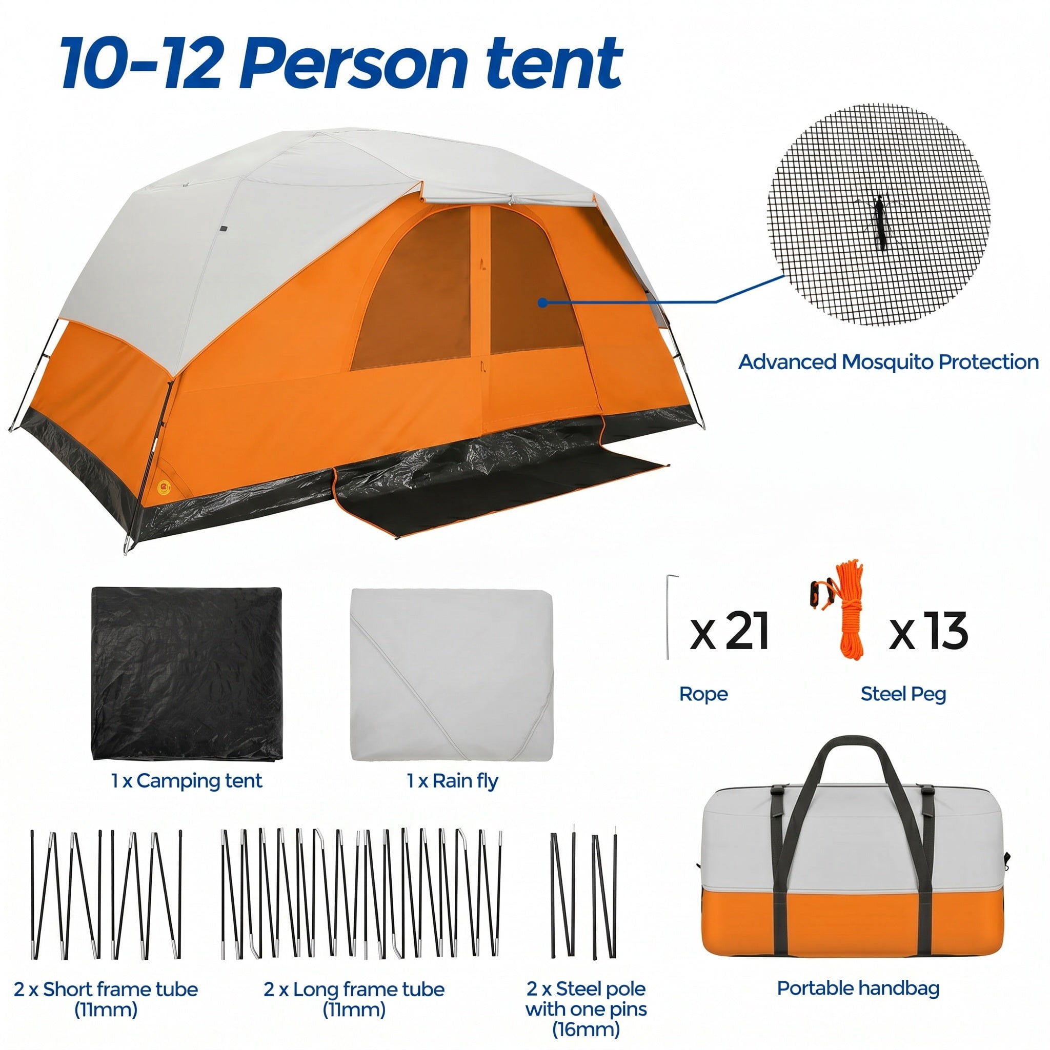 COBIZI 6-8-10 Person Camping Tent,Large Family Cabin Tent with Removable Rainfly,Mesh Roof for Stargazing,84" Tall Center,Waterproof Design,Carry Bag,Orange