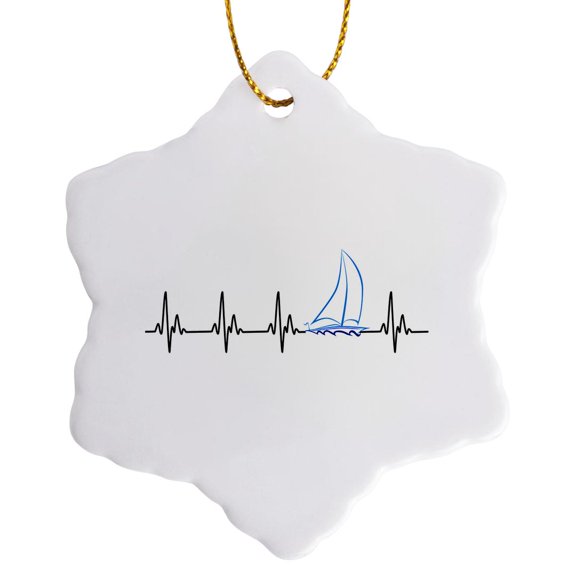 3drose, a Ekg Heartbeat Line and Sailboat for All Who Love to Sail., 3 inch Snowflake Porcelain Ornament