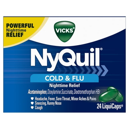Vicks NyQuil Cough, Cold & Flu Nighttime Relief, 24 LiquiCaps - #1 Pharmacist Recommended - Nighttime Sore Throat, Fever, and Congestion